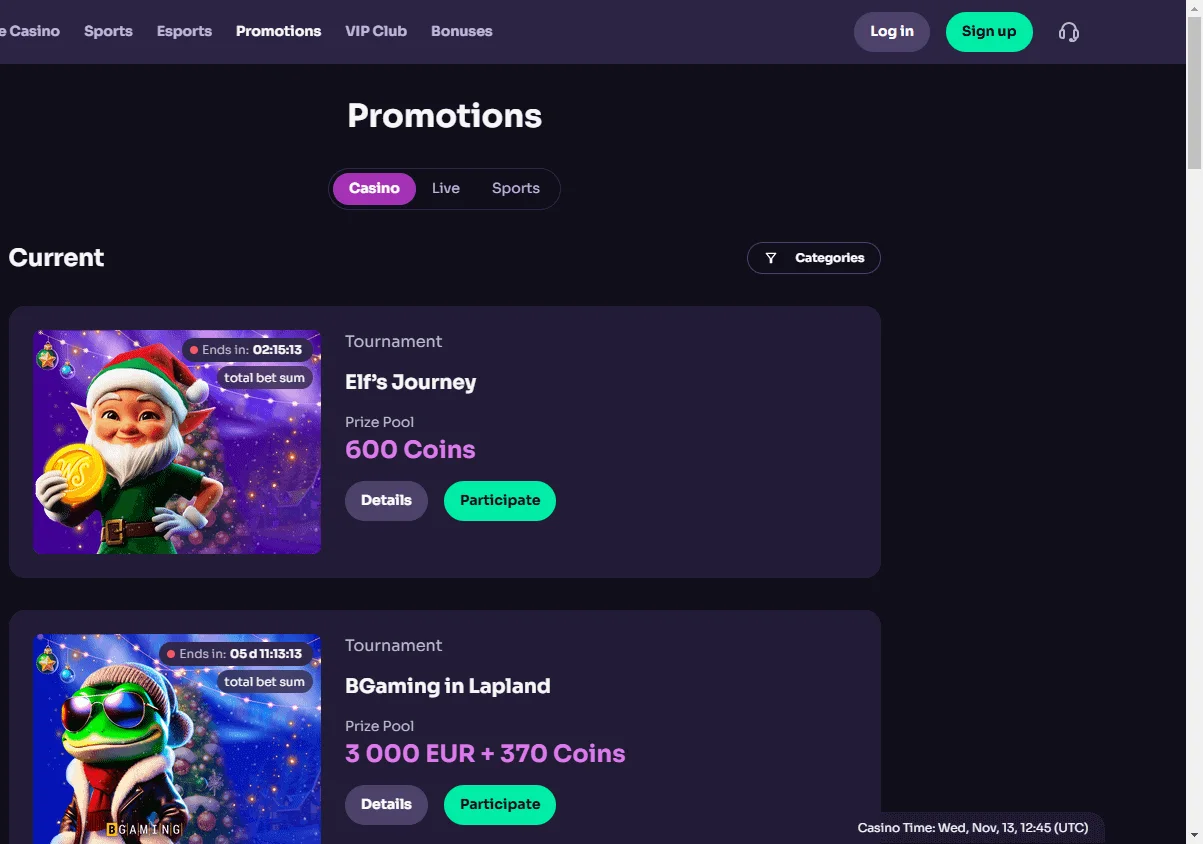 Win Spirit Casino desktop promotions area