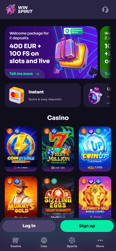 Win Spirit Casino mobile home screen