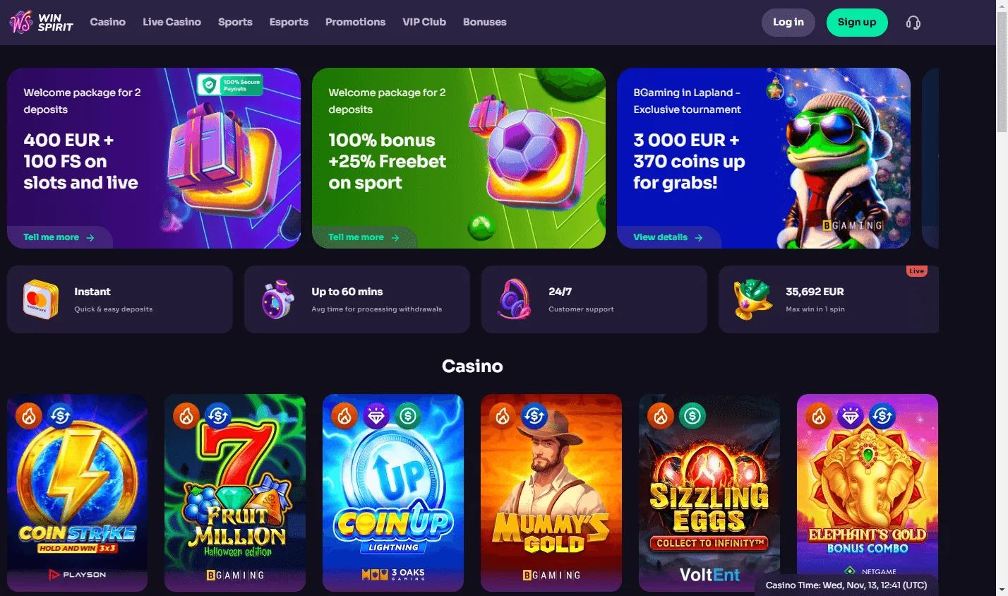 Win Spirit Casino desktop home screen